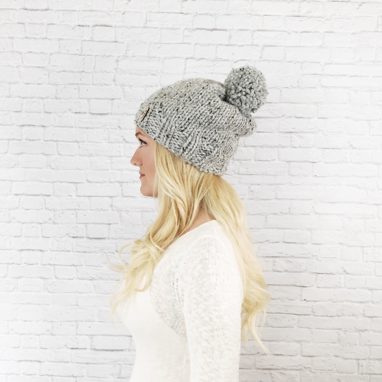 Knitted Adult Pom Pom Hat Slouchy Beanie with YARN Pom