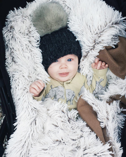 Knit Baby Hat Beanie Handmade Faux Fur Pom Pom // GREY pom