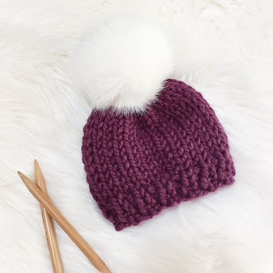 Knit Baby Hat Beanie Handmade Faux Fur Pom Pom // WHITE pom