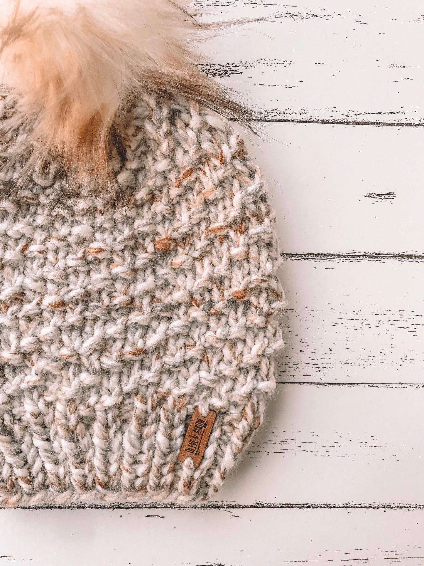 Adult Knitted Textured Beanie with Faux Fur Pom Pom // The Acadia - Fossil