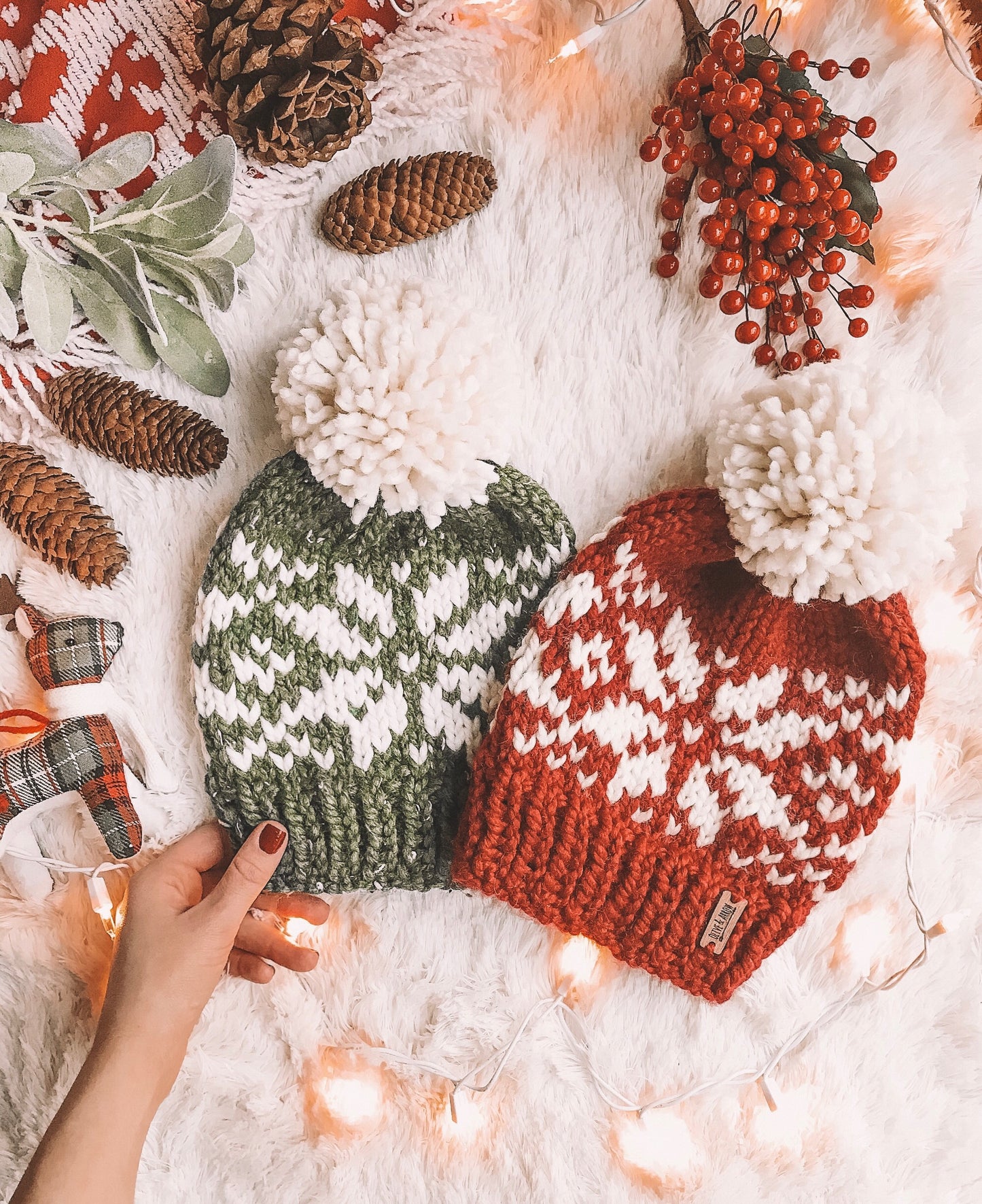 Snowflake Fair Isle Knit Beanie Adult Knitted Hat // Yarn Pom Pom