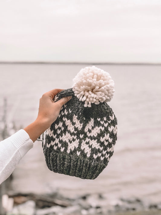Charcoal Snowflake Fair Isle Knit Beanie Adult Knitted Hat // Yarn Pom Pom