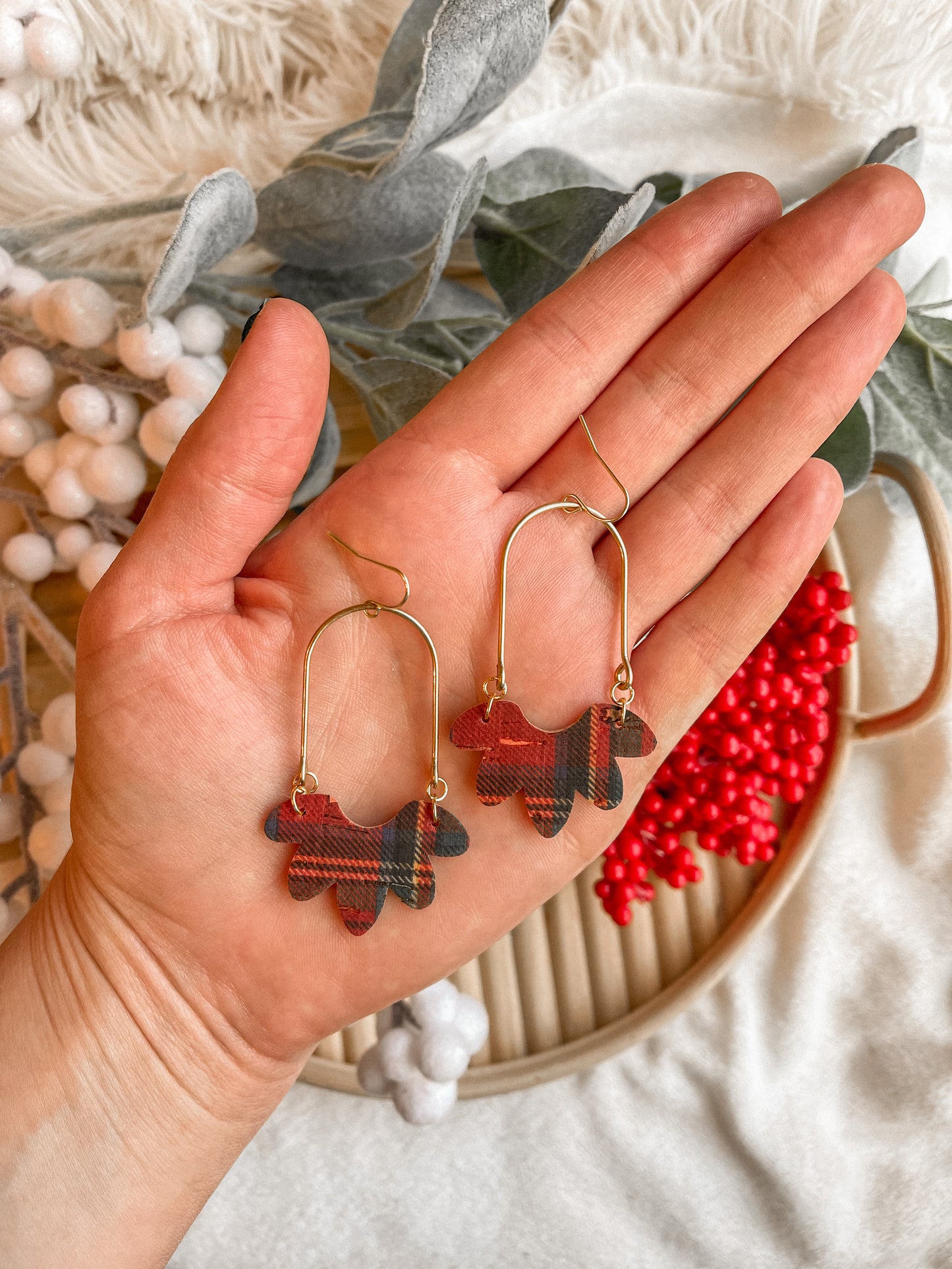 Red Plaid Brass Arch Dangles // Holiday Collection