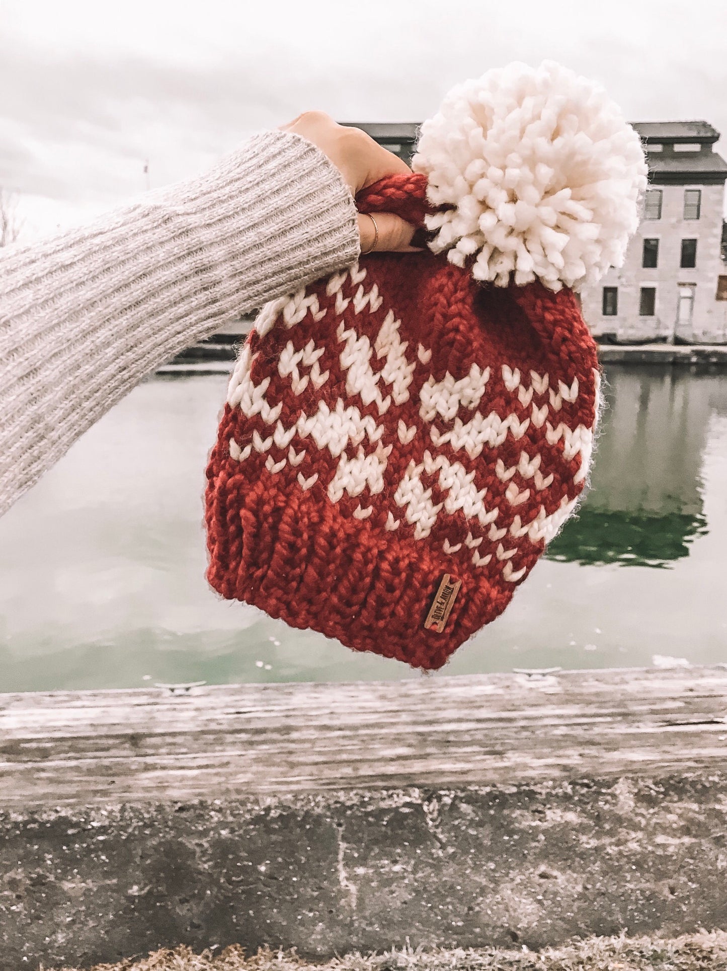 Snowflake Fair Isle Knit Beanie Adult Knitted Hat // Yarn Pom Pom