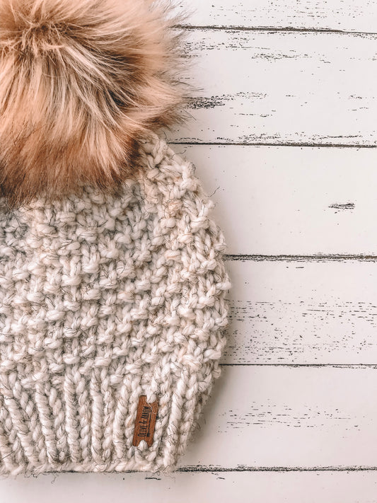 Adult Knitted Textured Beanie with Faux Fur Pom Pom // The Acadia - Wheat
