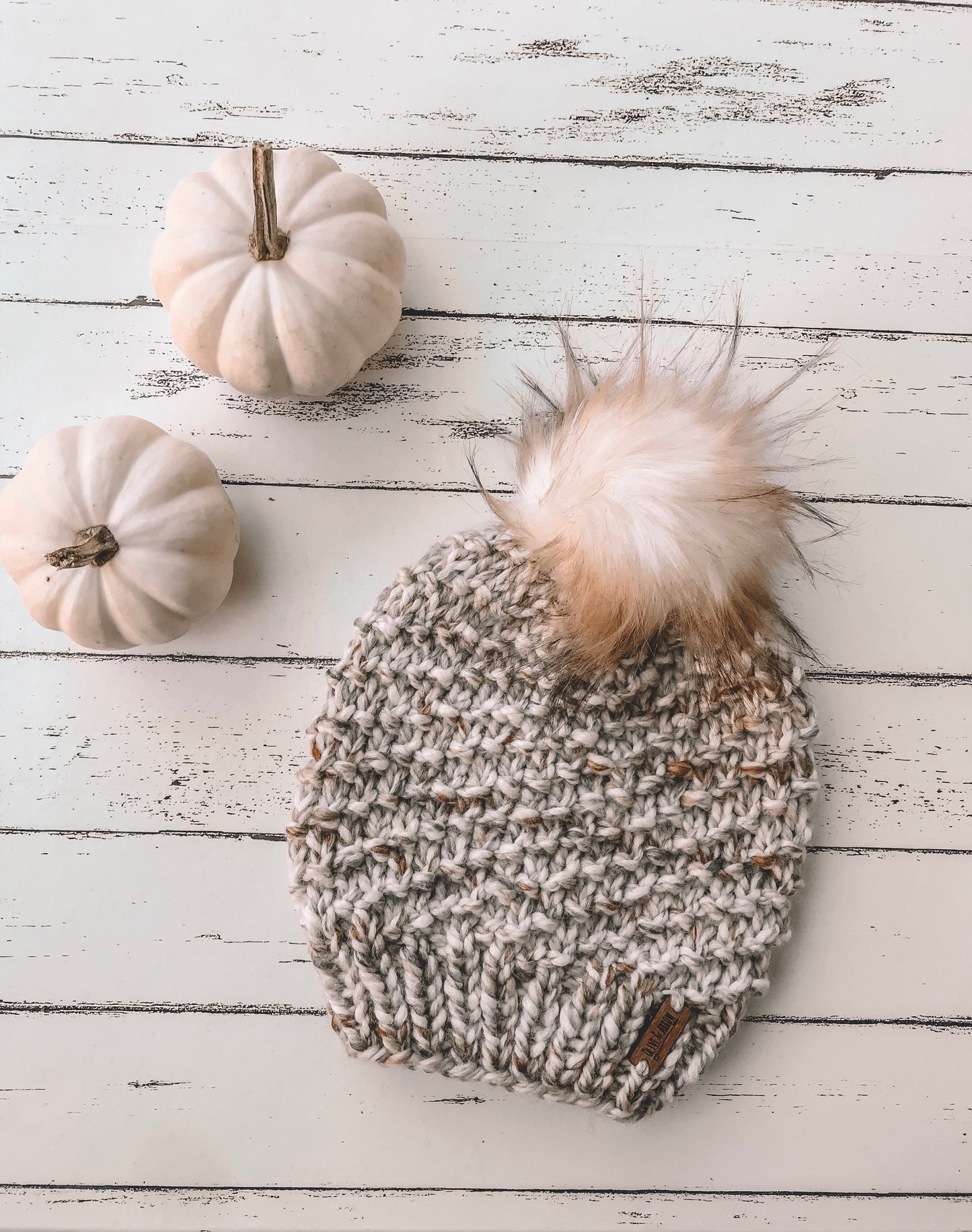 Adult Knitted Textured Beanie with Faux Fur Pom Pom // The Acadia - Fossil