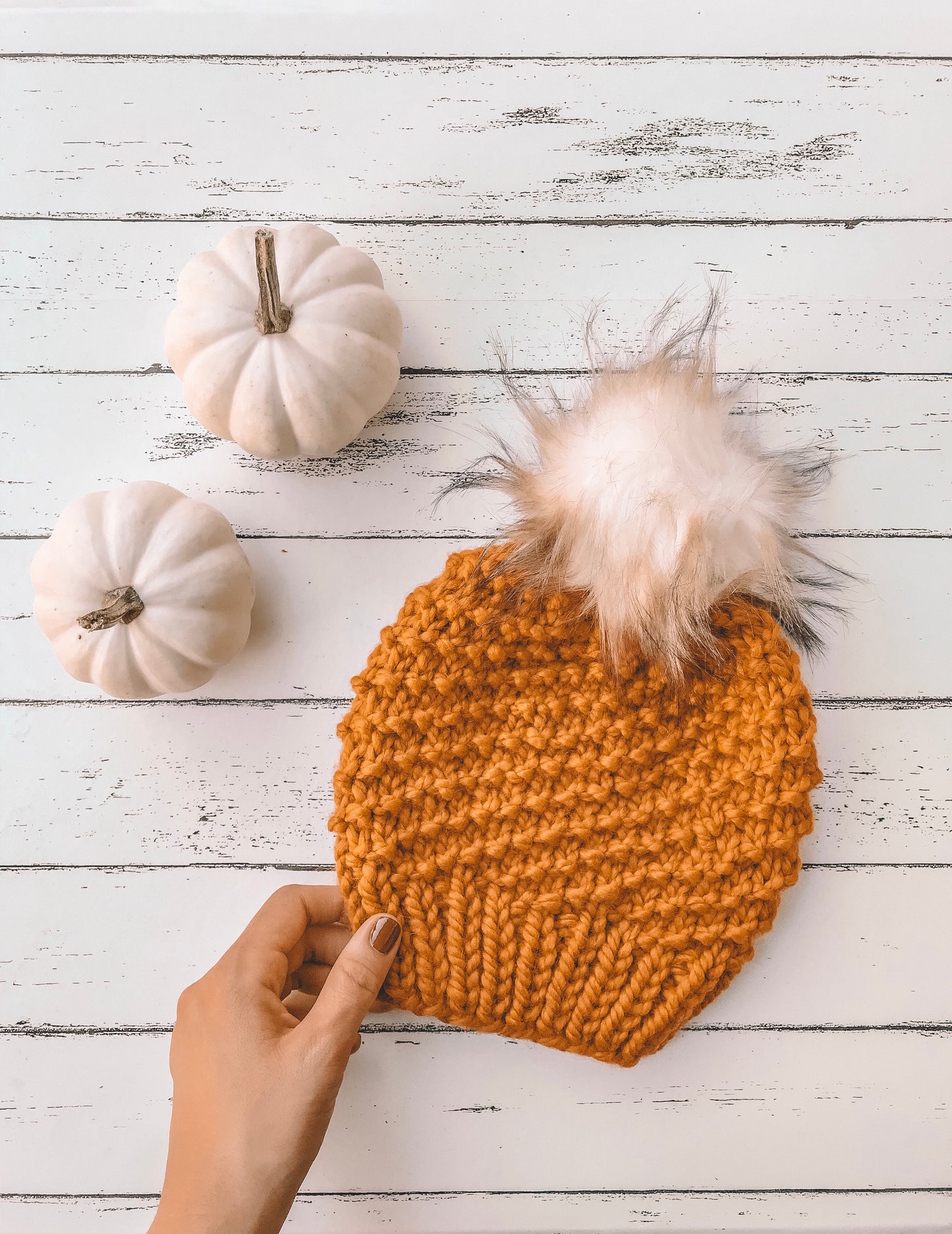 Adult Knitted Textured Beanie with Faux Fur Pom Pom // The Acadia - Butterscotch