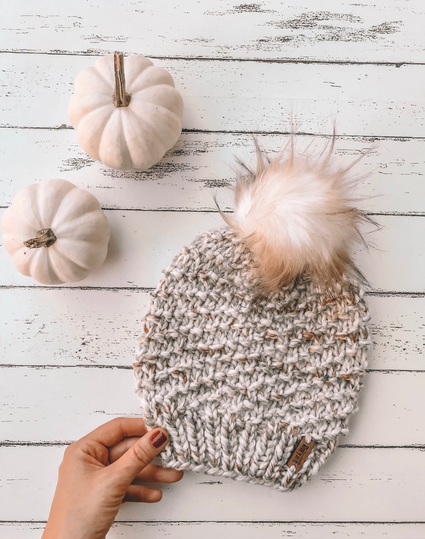Adult Knitted Textured Beanie with Faux Fur Pom Pom // The Acadia - Fossil