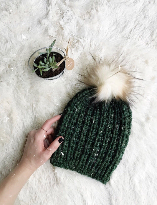 Adult Knitted Ribbed Beanie with Faux Fur Pom Pom // The Rockland