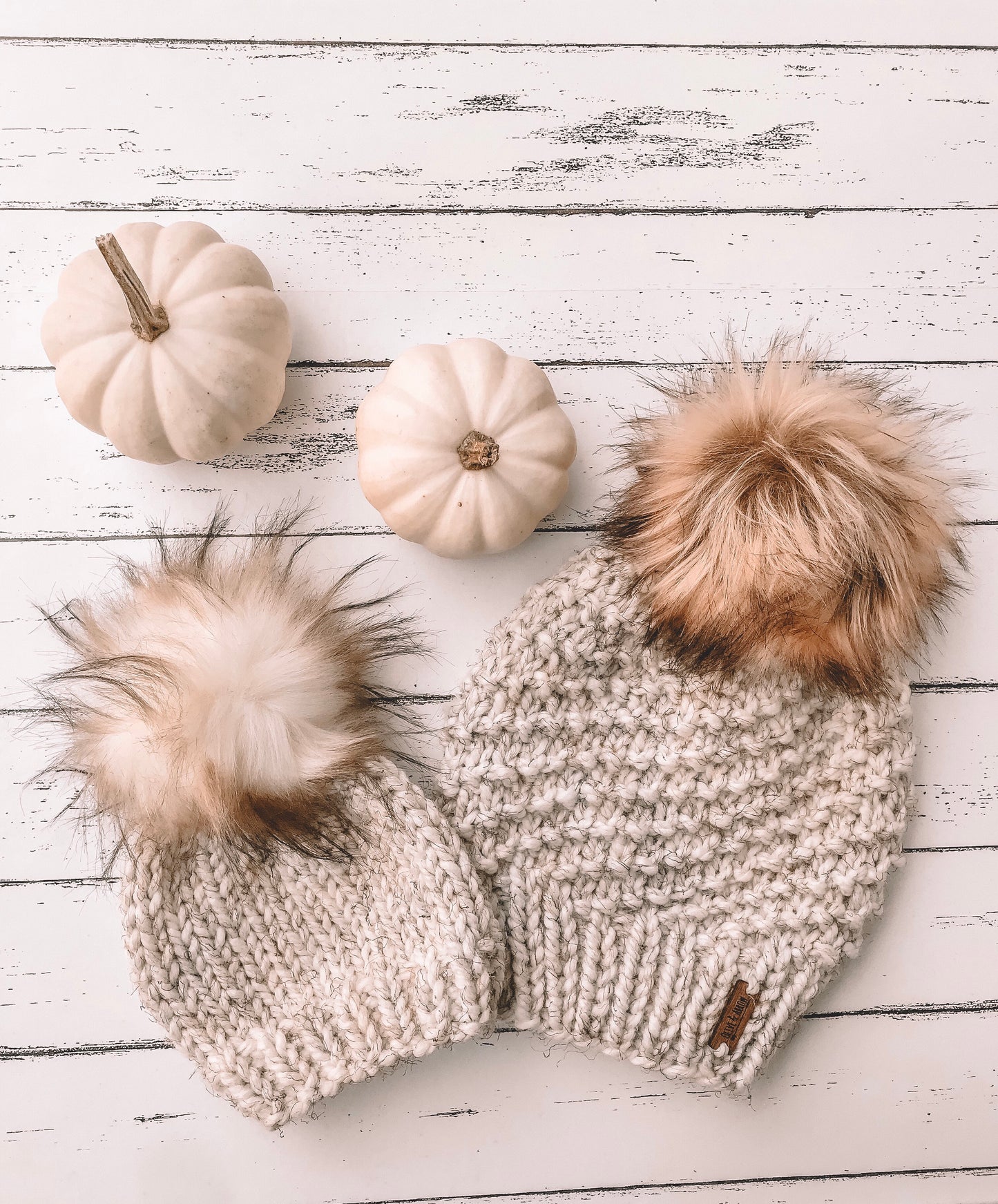 Baby Knitted Beanie with Faux Fur Pom Pom // Wheat