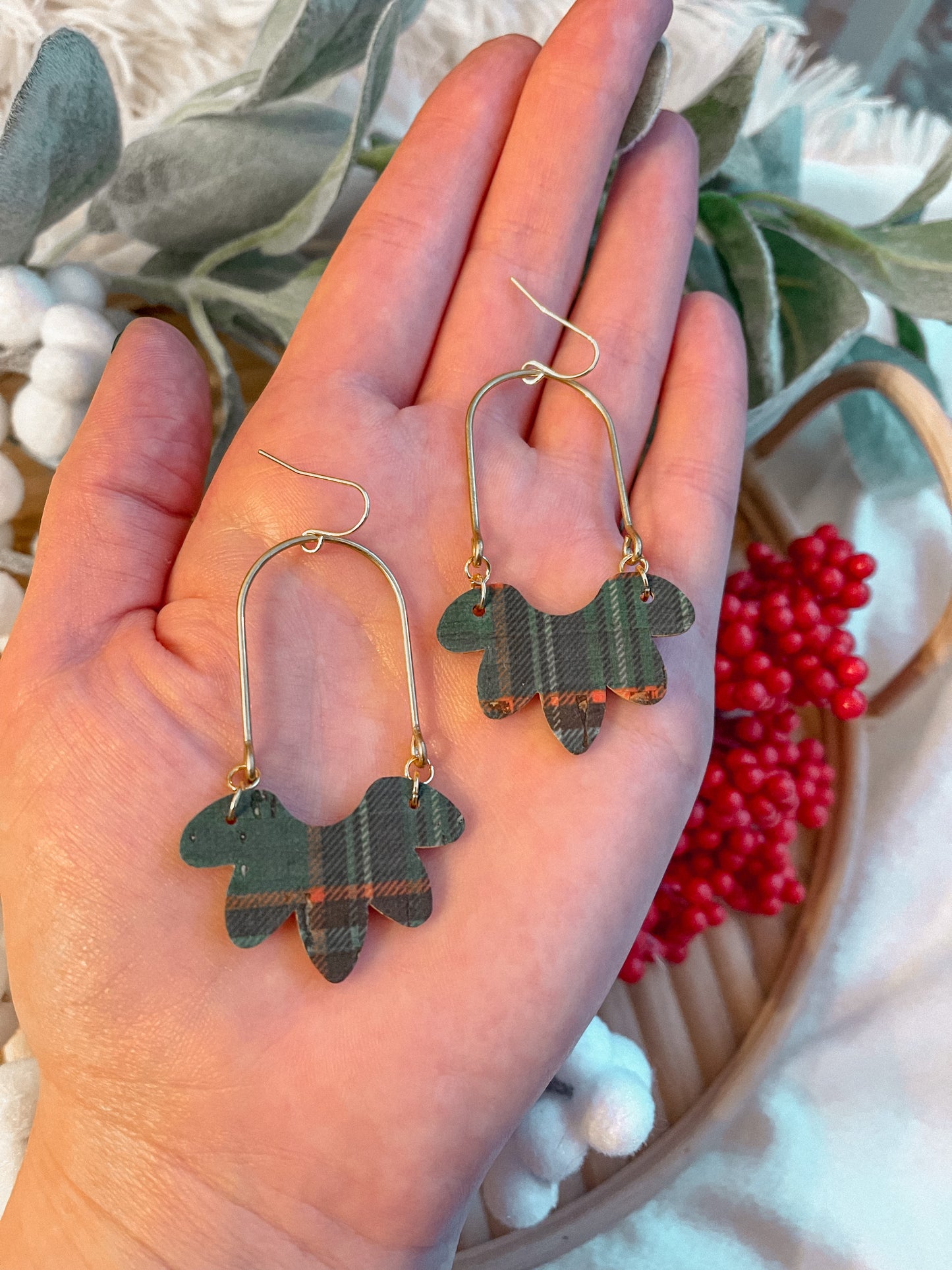 Green Plaid Brass Arch Dangles // Holiday Collection