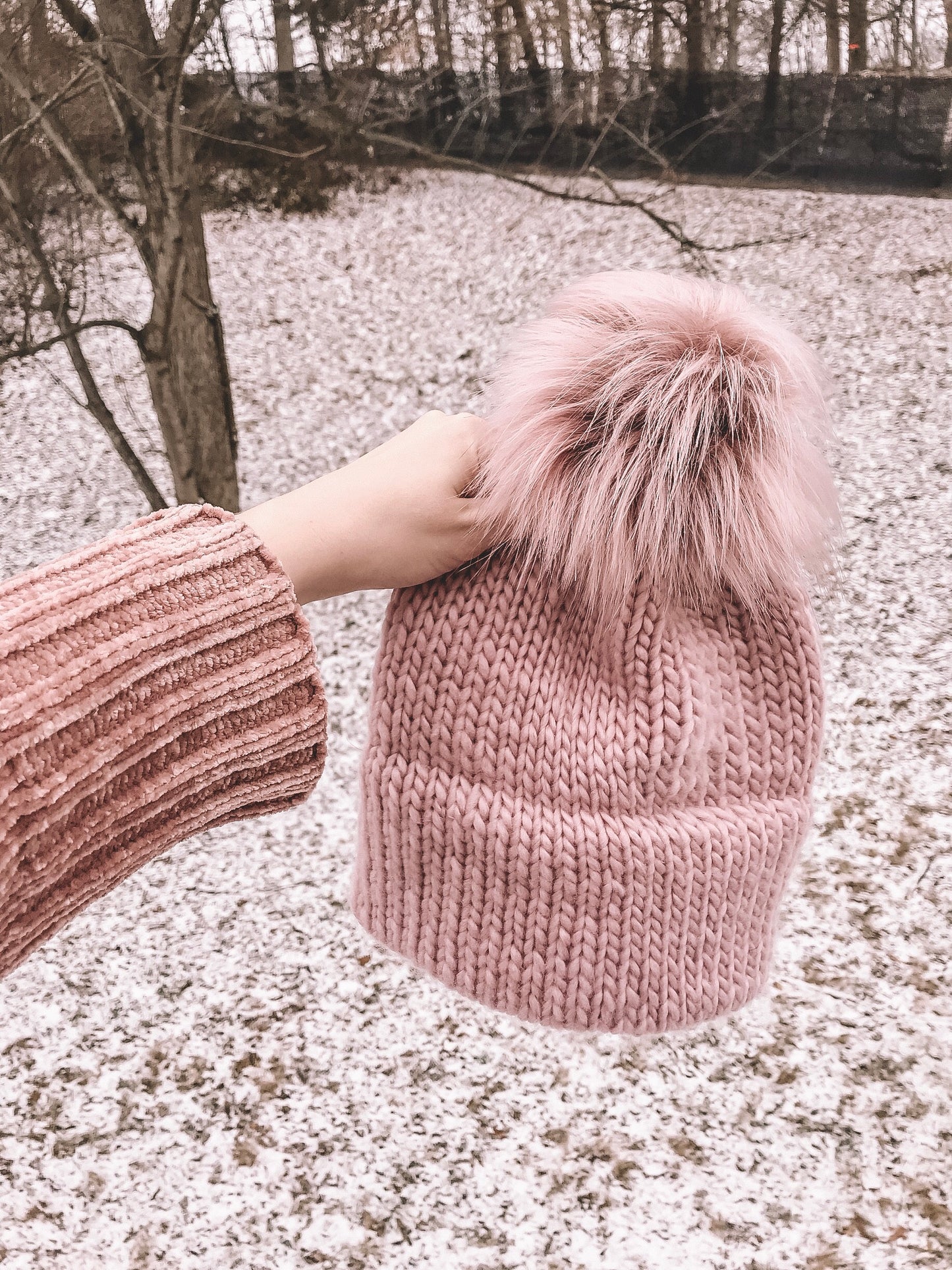 Rosé Adult Knitted Double Brim Beanie with Pink Moscato Faux Fur Pom Pom