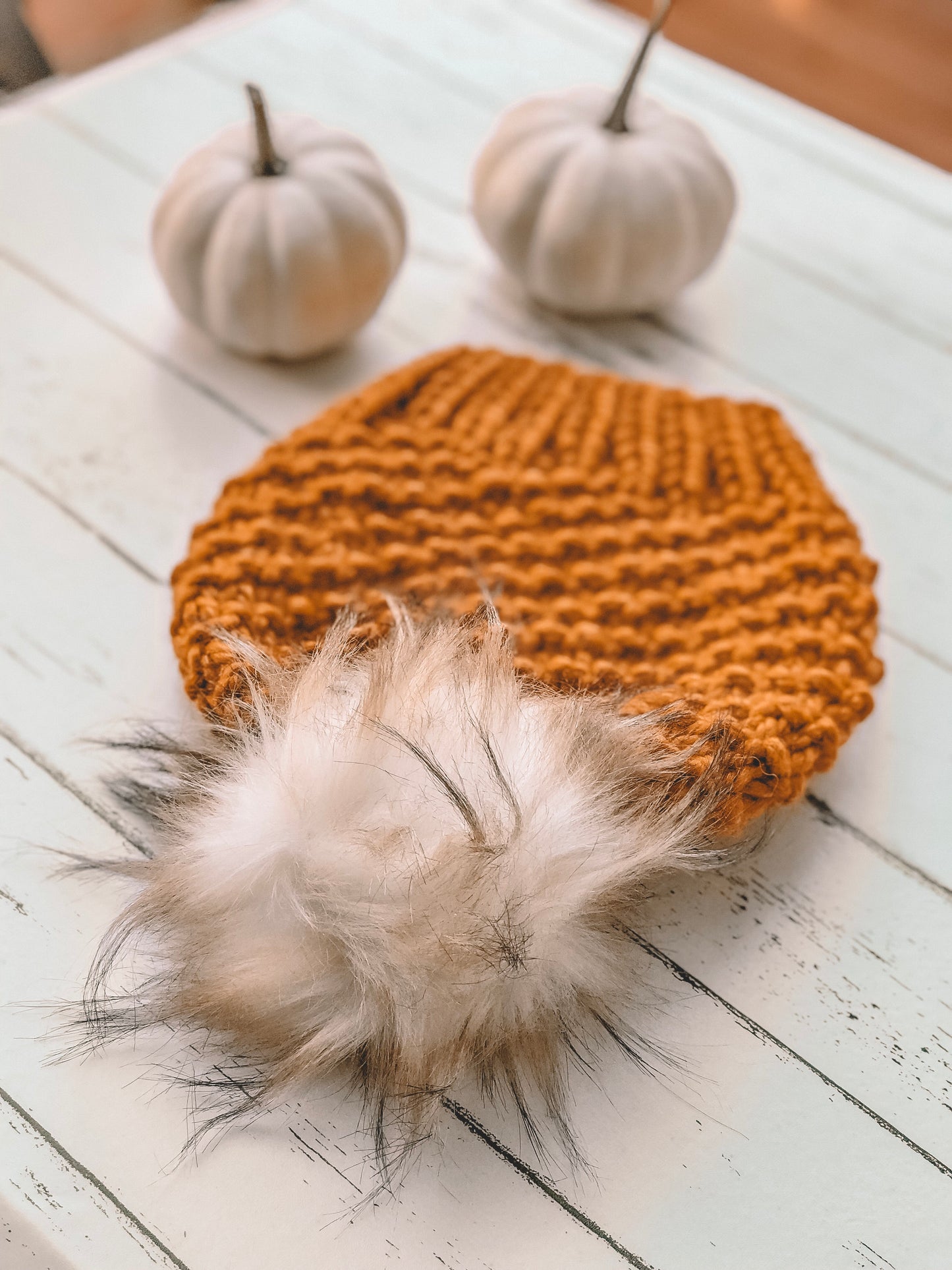 Adult Knitted Textured Beanie with Faux Fur Pom Pom // The Acadia - Butterscotch