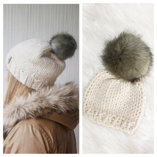 Mommy and Me Hats Knit Baby and Adult Beanie Set Handmade Faux Fur Pom Pom // Choose Pom
